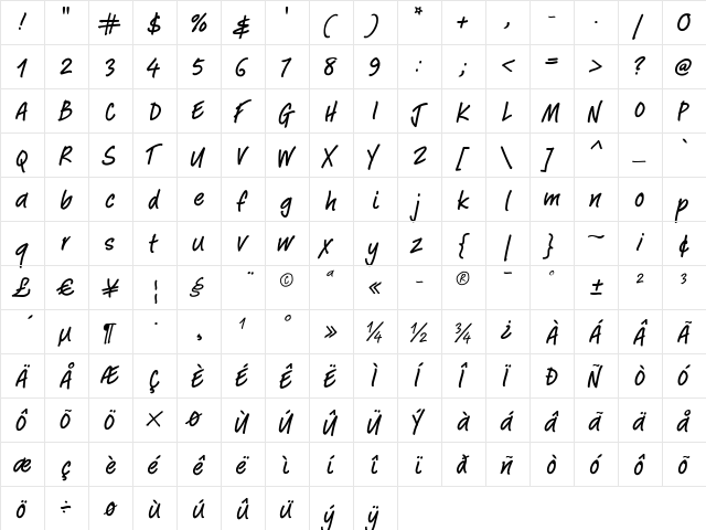 Peekaboo Regular  glyph index