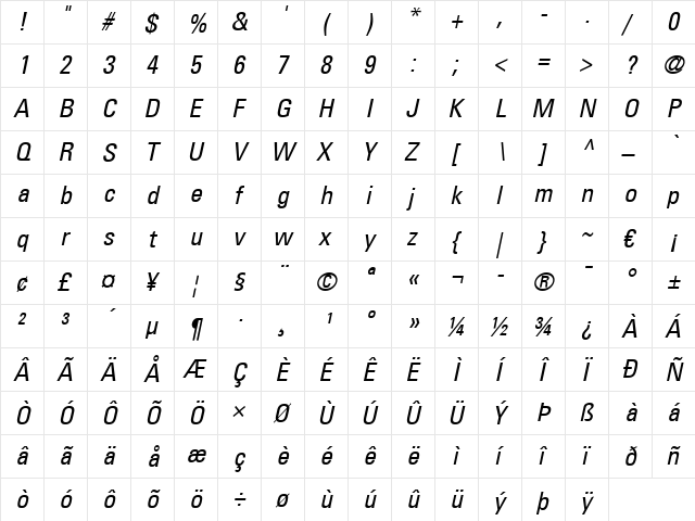 Univers LT 57 Condensed Italic  glyph index