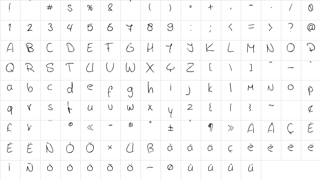 Jerry's handwriting Regular  glyph index
