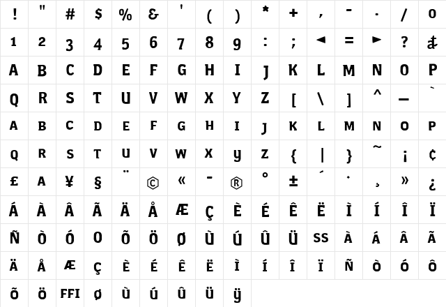 Cornwall Bold  glyph index