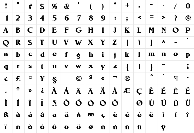 NevadaLH Bold  glyph index