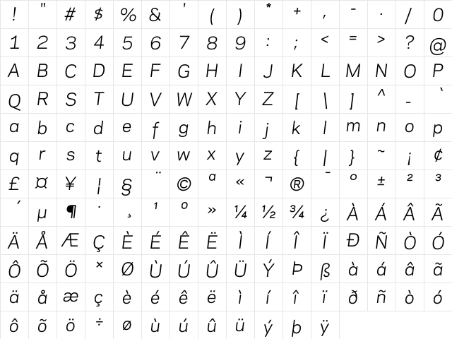 Galaxie Polaris Book Italic  glyph index