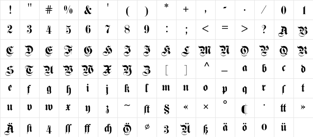Fette Kanzlei BQ Regular  glyph index