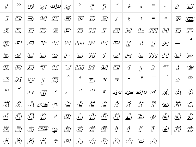 Range Paladin 3D Italic Italic  glyph index