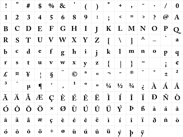 Adobe Caslon Pro Bold  glyph index