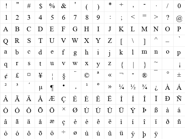 Mongolian Baiti Regular  glyph index