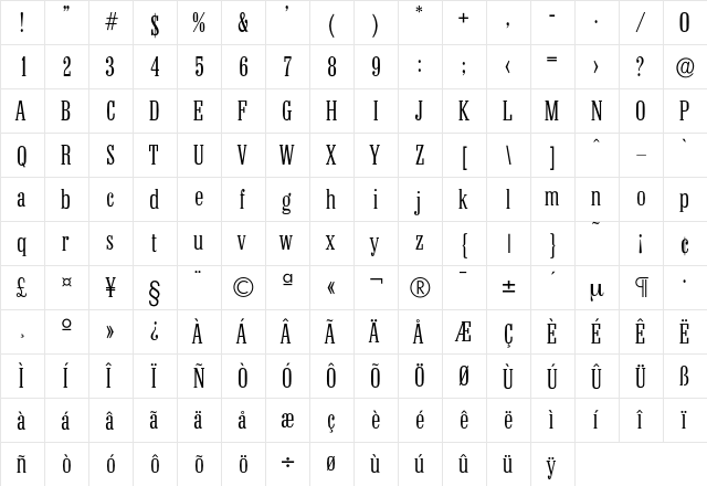 Colonel-Light Regular  glyph index