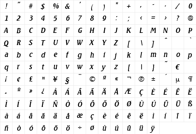 Seagull-MediumIta Regular  glyph index