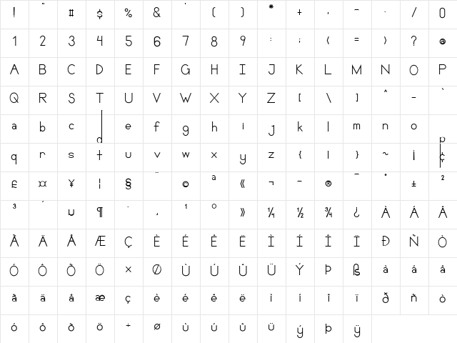 Santario Regular  glyph index