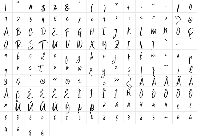 Bestania Regular  glyph index