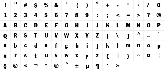 FagotCondensed Regular  glyph index
