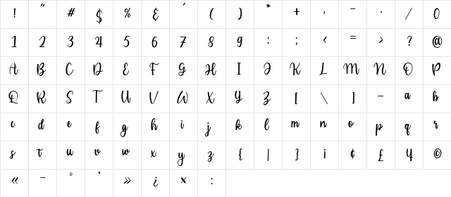 Cailyn Bloom Regular  glyph index