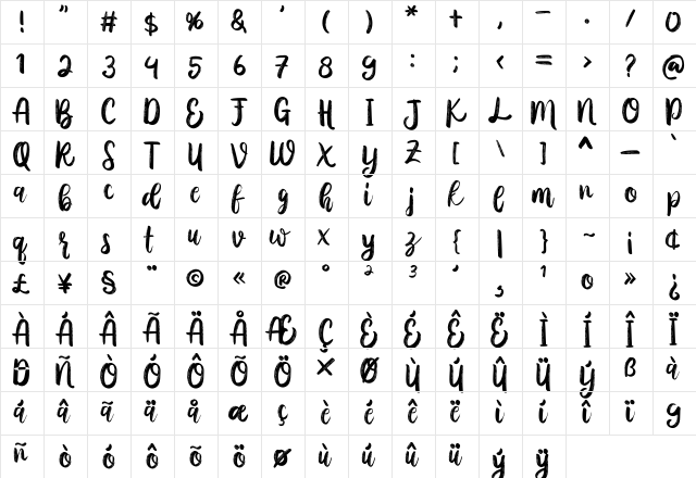 Austhina Brush Calligraphy Scratch Regular  glyph index