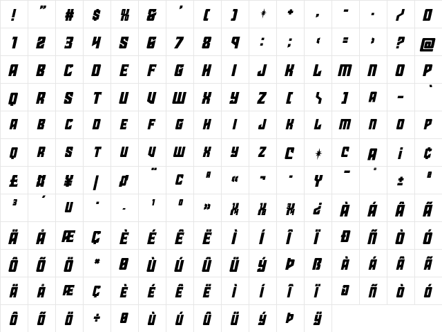 Star Guard Drop-Case Italic Italic  glyph index