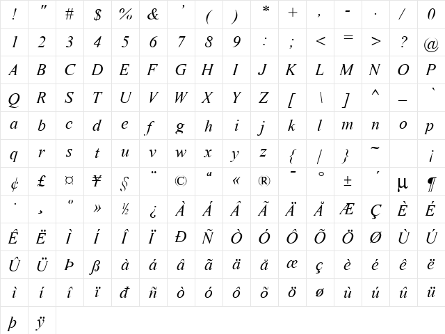 Marin Italic Normal  glyph index