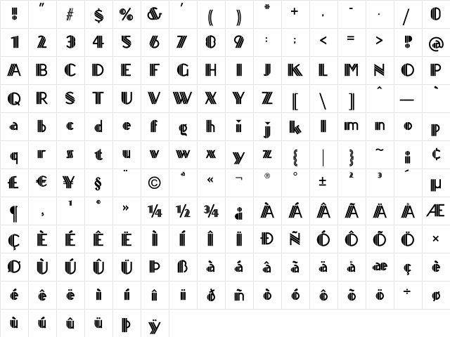 Titanick-Display Regular  glyph index