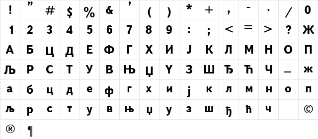 Book-Cirilica Bold  glyph index