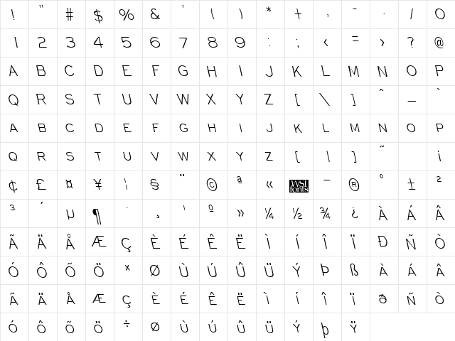 PT Eyechart CondBS Regular  glyph index