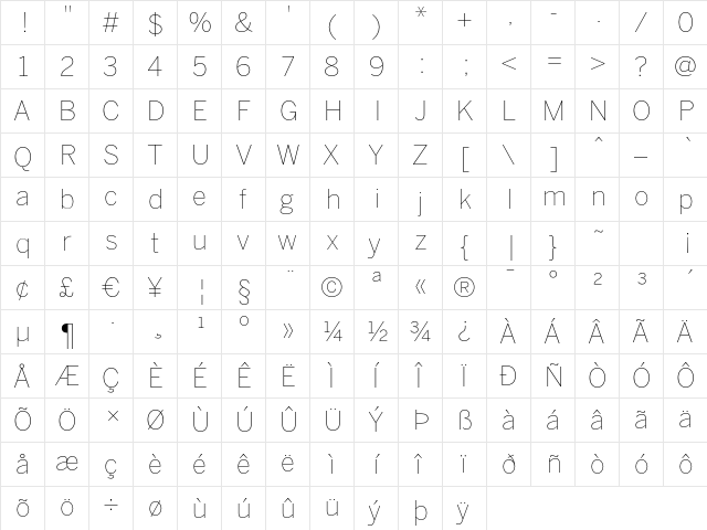 BentonSans Thin Regular  glyph index