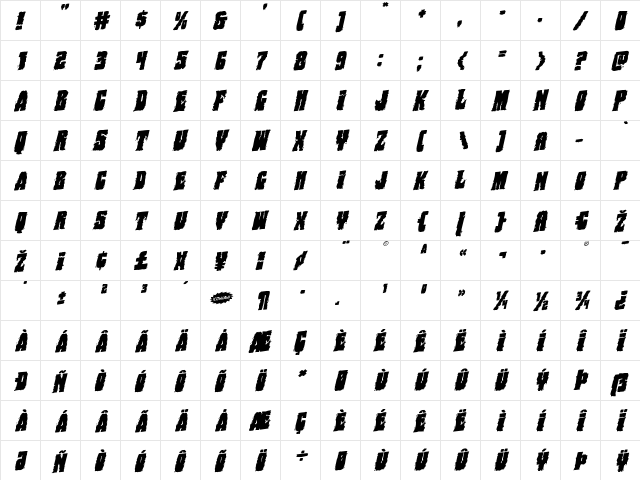 Bog Beast Rotatalic Italic  glyph index