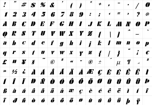 Calico Italic  glyph index