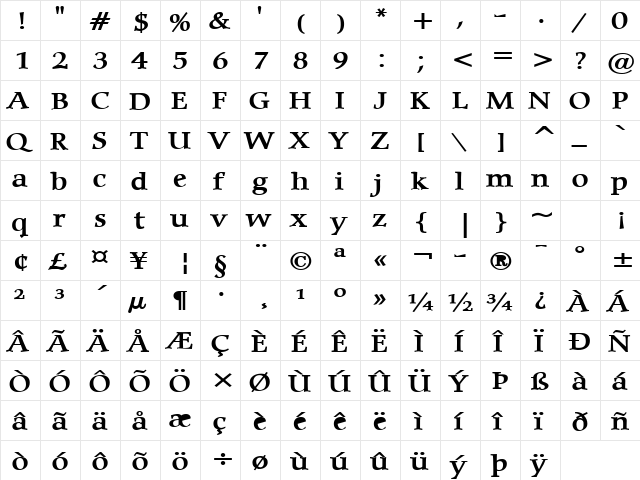 Carmine Wide Bold  glyph index