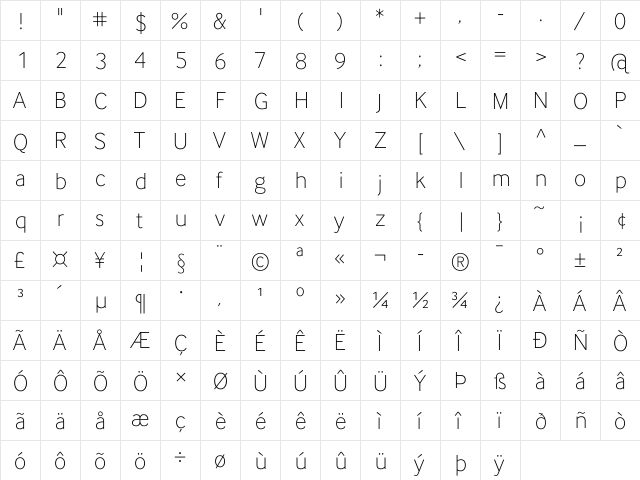 InterFace DaMa Th Regular  glyph index