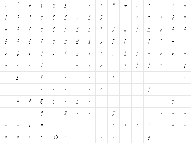 Joe 13 Italic  glyph index