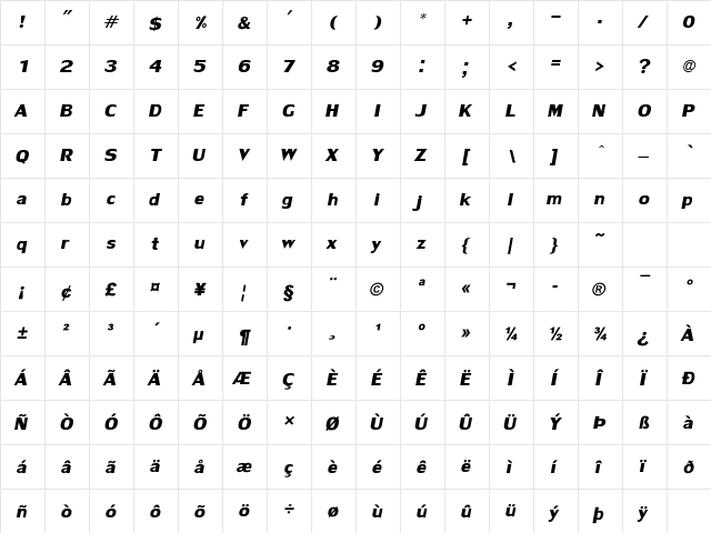 LilyUPC Bold Italic  glyph index