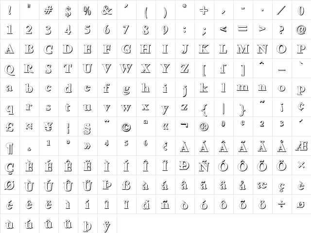 VenturaShadow-Bold Regular  glyph index