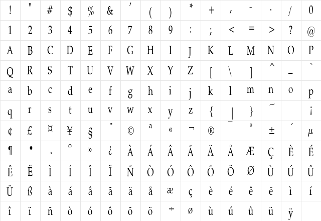 PaduaCondensed Regular  glyph index