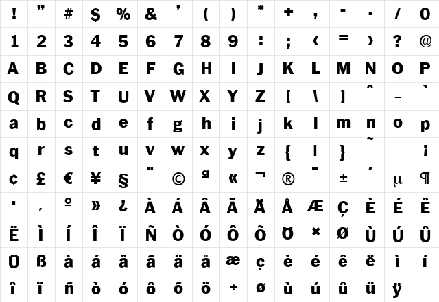 PlymouthSerial-Heavy Regular  glyph index