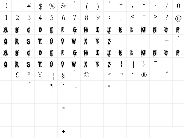 Zombie Slayer Regular  glyph index