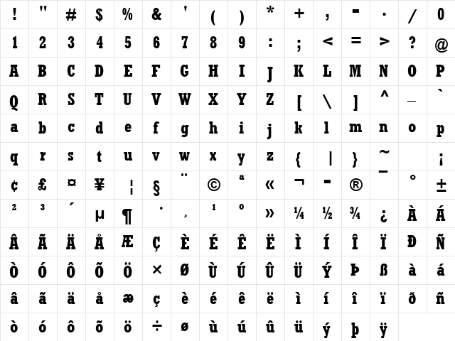 Rockwell MT Bold Condensed Regular  glyph index