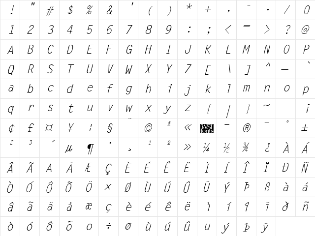 LetterGothic Italic  glyph index