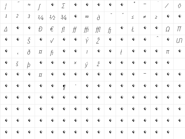 Unit-ThinItalicExpert Regular  glyph index