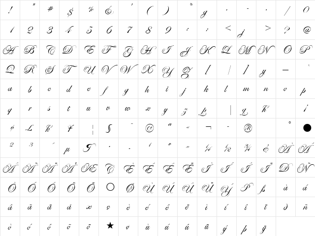 Edwardian Scr ITC TT Regular  glyph index