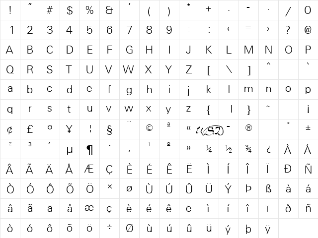 Universal Light Regular  glyph index