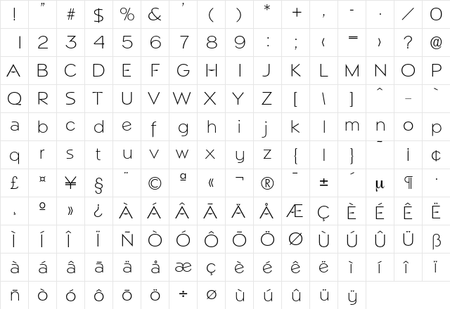 Napoli-Xlight Regular  glyph index