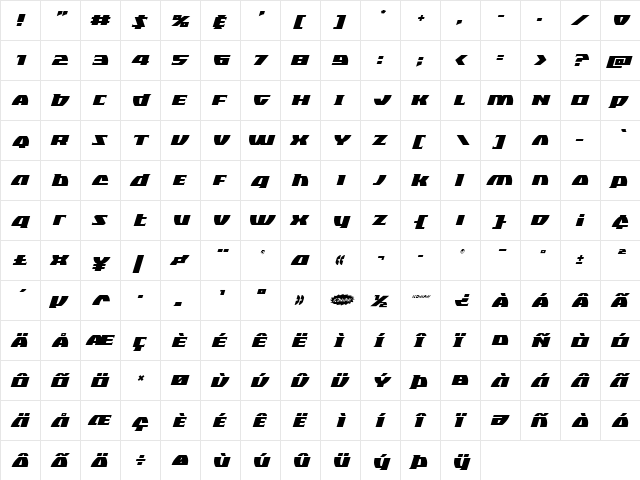 Black Bishop Italic Italic  glyph index