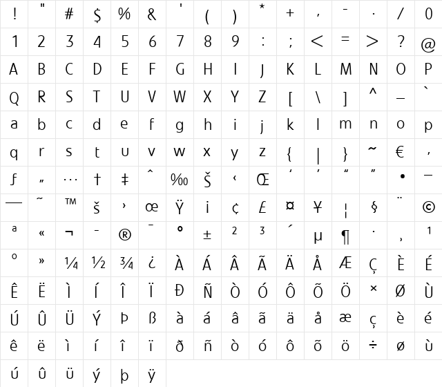 LTVeto Light Regular  glyph index