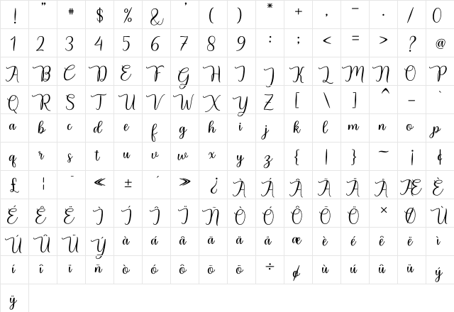 Decembery Regular  glyph index