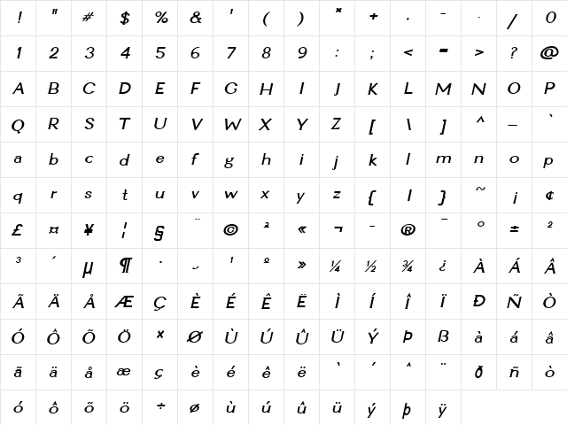 Ginger-Condensed Bold Italic  glyph index