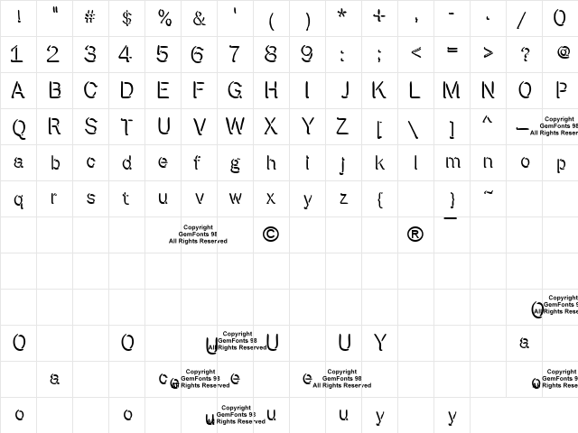 Roundheads Regular  glyph index