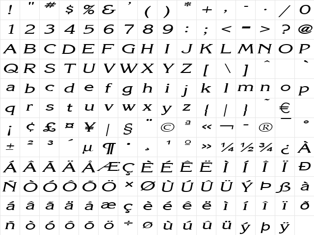 KeiraExtended Italic  glyph index