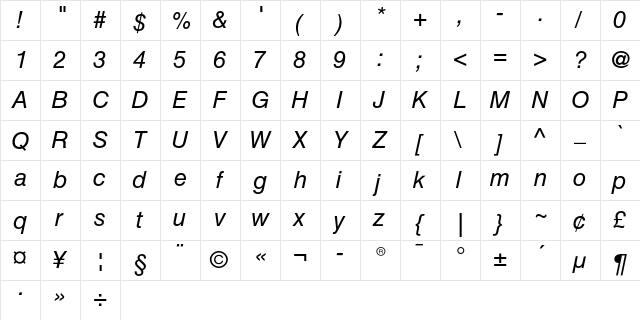 Helvetica Cyrillic Inclined  glyph index