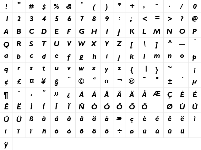 Gentle Bold Italic  glyph index