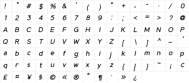 MadeynSans Regular Italic  glyph index