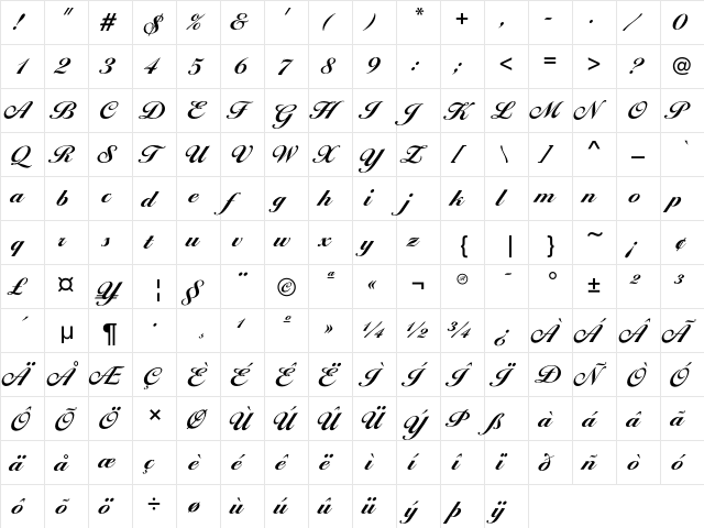 BallantinesScriptEF Bold  glyph index