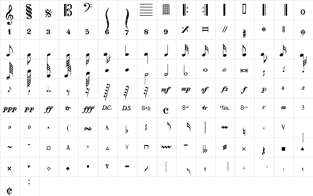 Musical Regular  glyph index